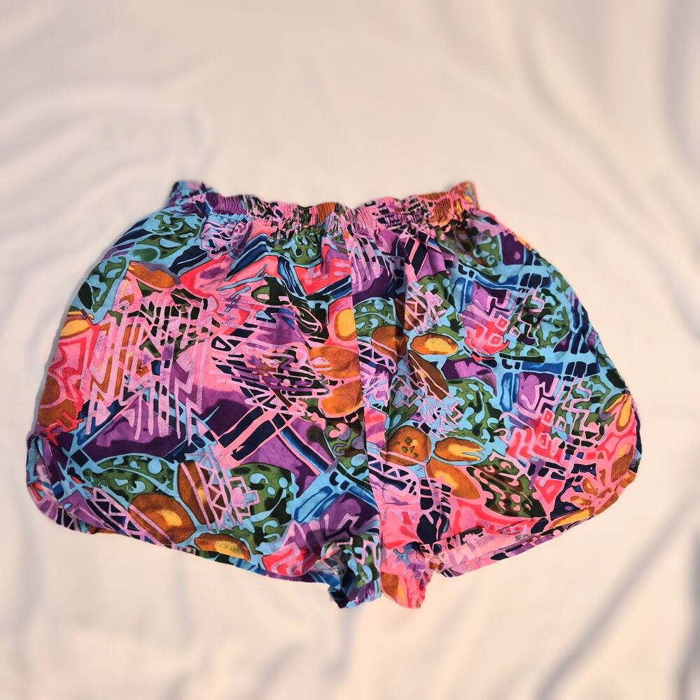 Vintage 90s Partners Silk Shorts Abstract Geometric Neon Print Large 100% Silk